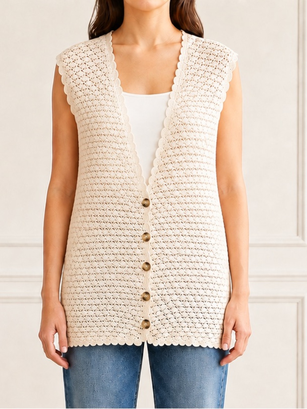 VTG Express Tricot Crochet Sweater Vest M Cream Button Front Boho Cottagecore